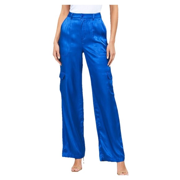 YFB Young Fabulous & Broke Satin Cargo Pants Blue Rayon Blend Women’s Small - Picture 1 of 10